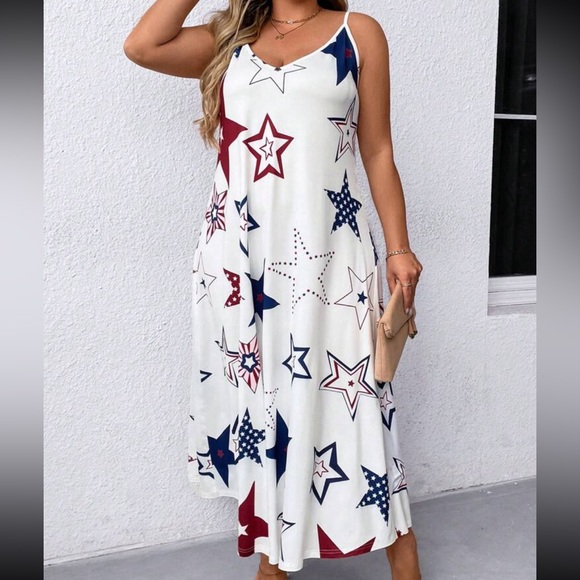 Plus Size Women's Star Print Cami Maxi Dress Independence Day White - Picture 3 of 10